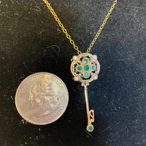 .40CTW EMERALD, ZIRCON RHODIUM & 24K GOLD OVER PALLADIUM SILVER KEY PENDANT - Picture 6 of 7
